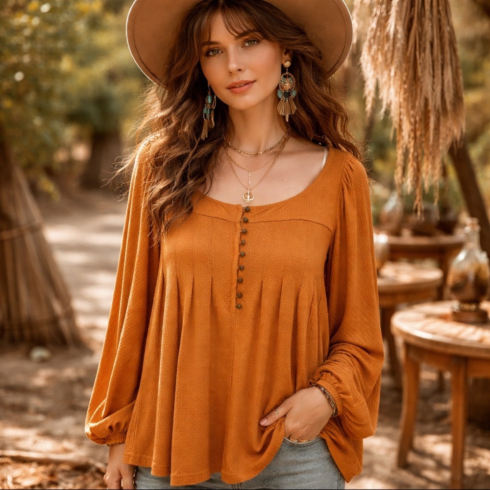 FREE PEOPLE PUMPKIN SPICE DEVIN AUTUMN PEARL HENLEY KNIT TOP XS NWT
